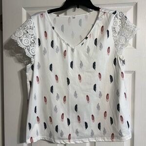Women's White Lace Sleeve Top with Feather Print